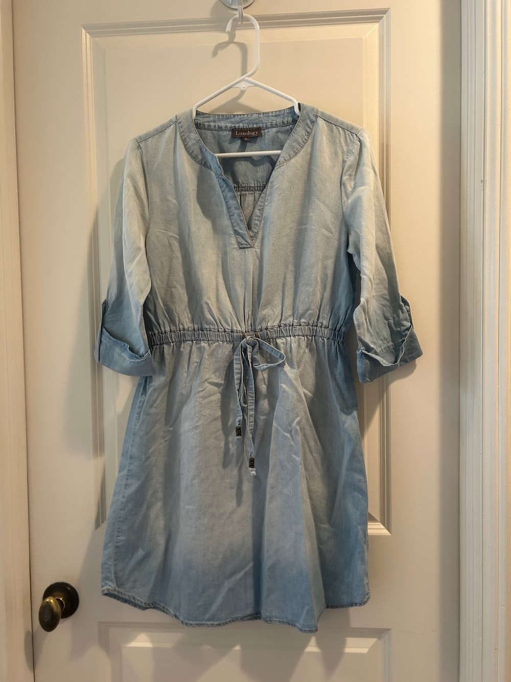 Luxology LightWash Chambray lightweight Dress Banded Collar Drawstring size 6